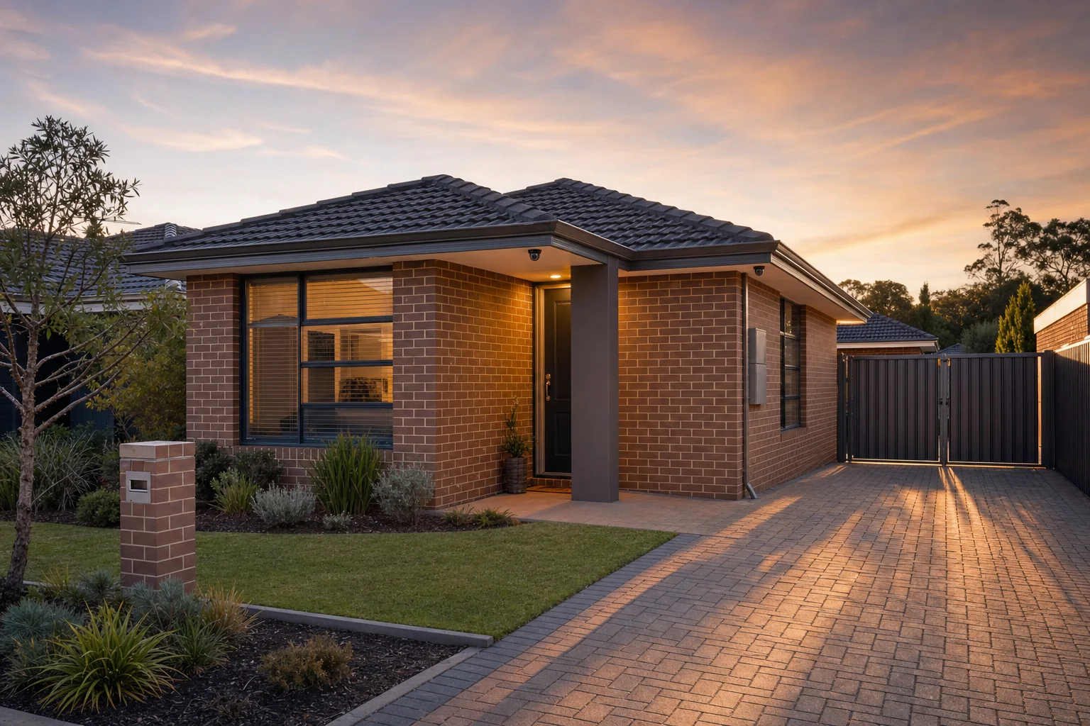 A single storey Perth home at dusk seen from the front corner, with the front door, driveway and side access gate all visible in one frame
