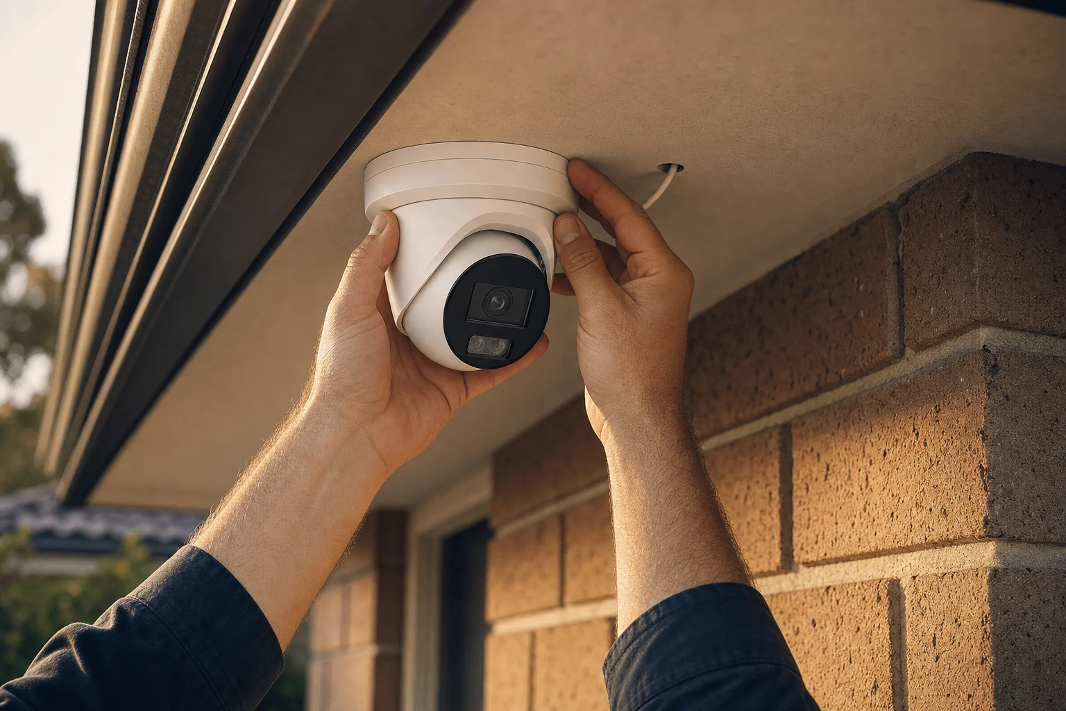 An installer holding a white turret camera up flat against the eave of a Perth home with both hands, lining it up with the cable already coming through the eave lining