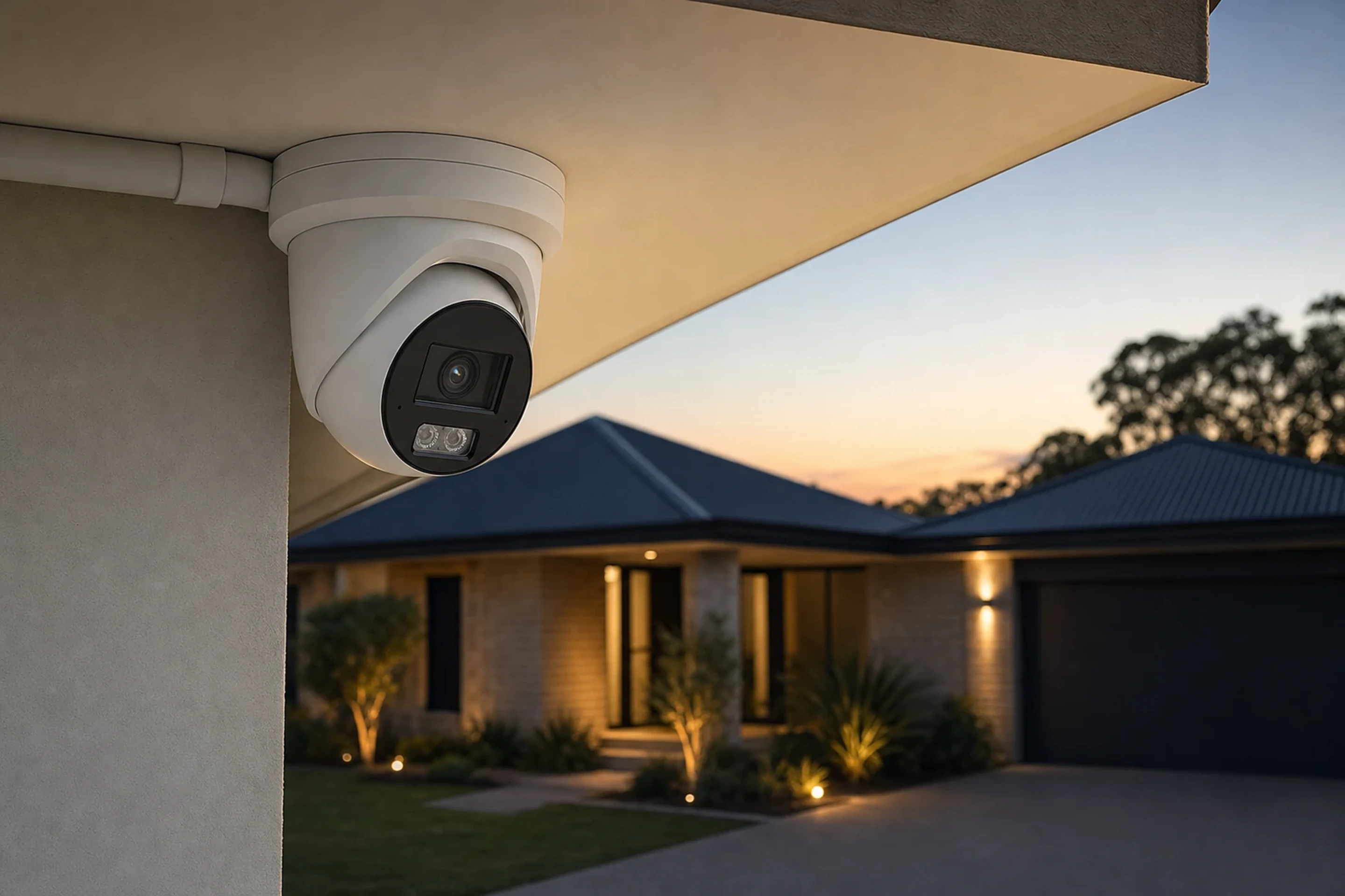 A white turret security camera fitted tight under the eave of a Perth home at dusk, with the lit entry, garage and driveway behind it